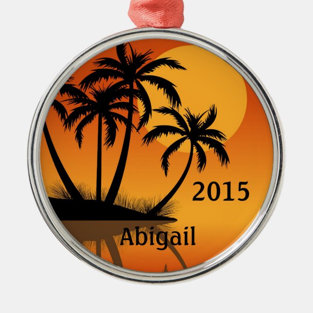 Personalised Sunset and Palm Trees Tropical Beach Metal Tree Decoration (Front)