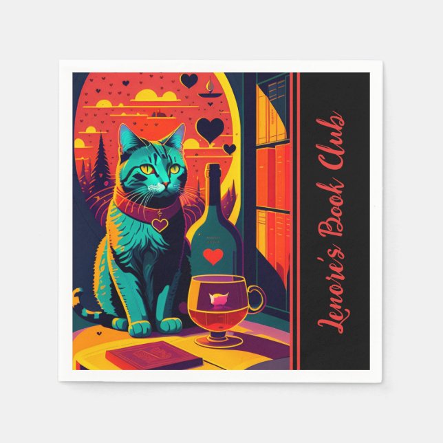 Personalised Sunset Cat Books And Wine  Napkin (Front)