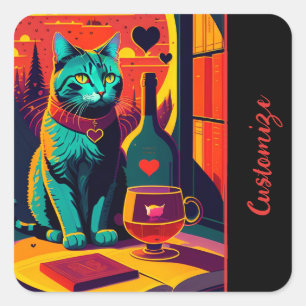Personalised Sunset Cat Books And Wine Square Sticker