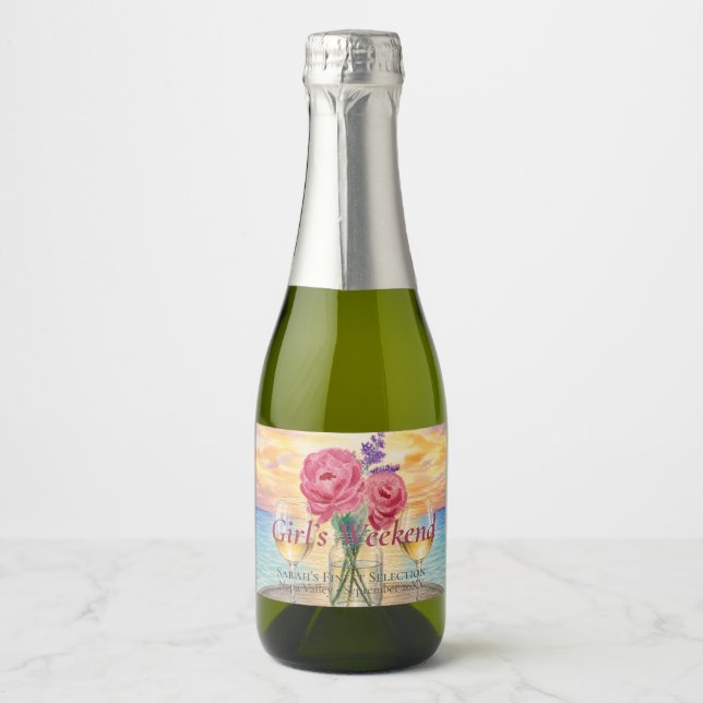 Personalised Sunset Girls Weekend Mini Sparkling Wine Label (Front)
