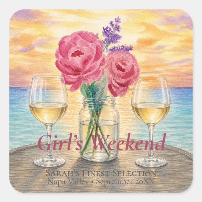 Personalised Sunset Girls Weekend Square Sticker (Front)