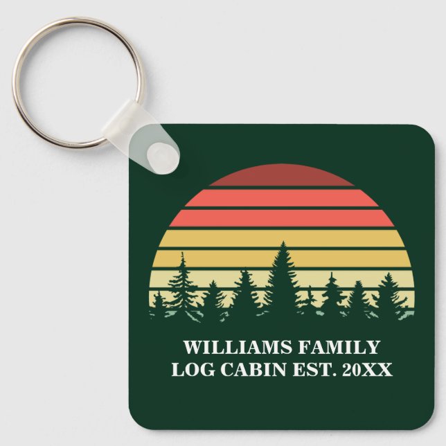 Personalised Sunset Log Cabin Lake House Green Key Ring (Front)