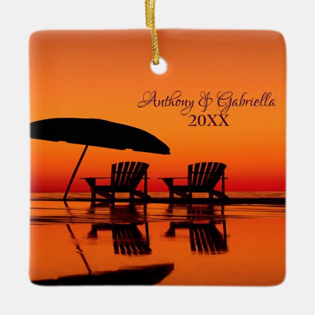 Personalised Sunsetting Beach With Chairs Ornament (Front)