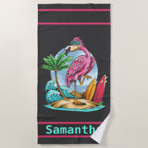 Personalised Surfing Flamingo  Beach Towel