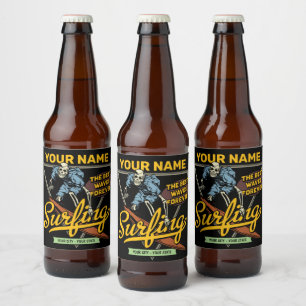 Personalised Surfing Skeleton Ride Waves Surfer  Beer Bottle Label