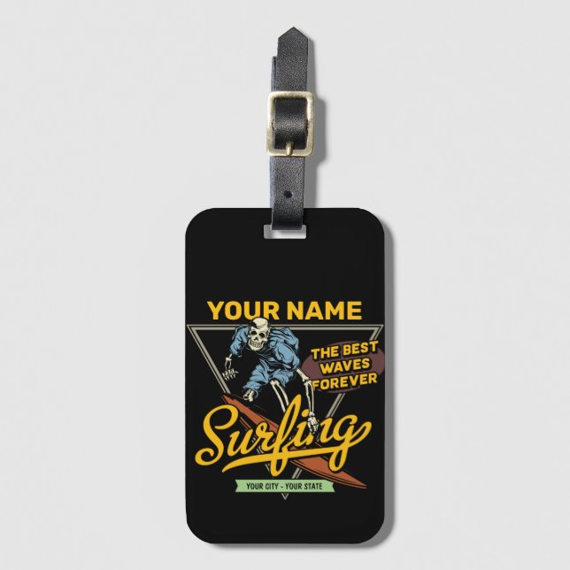 Personalised Surfing Skeleton Ride Waves Surfer  Luggage Tag (Front Vertical)