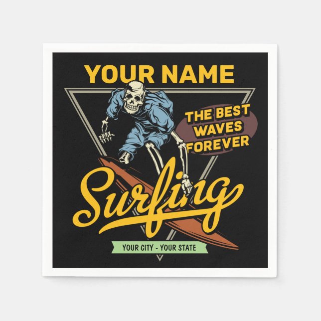 Personalised Surfing Skeleton Ride Waves Surfer  Napkin (Front)