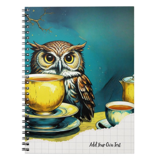 PERSONALISED Surreal Art - Owl got invited to tea Notebook (Front)