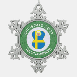 Personalised Swedish Angel Christmas Flag Snowflake Pewter Christmas Ornament