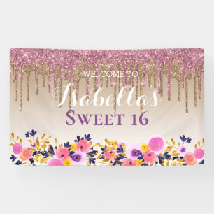 Personalised Sweet 16 Floral Dripping Glitter Banner