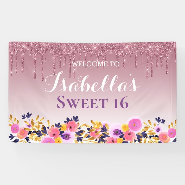 Personalised Sweet 16 | Floral Dripping Glitter Banner (Horizontal)