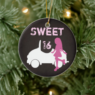 Personalised Sweet 16 Girl and Car ~ Pink, Brown Ceramic Tree Decoration