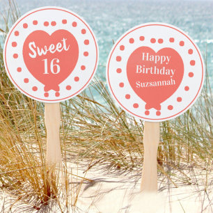 Personalised Sweet 16 Happy Birthday Coral Heart  Hand Fan