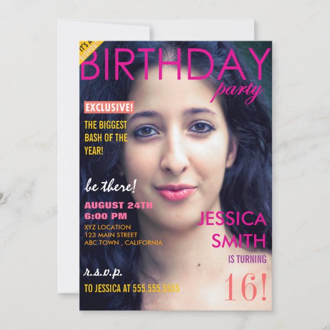 Personalised Sweet 16 Magazine Cover Photo Invites (Front)