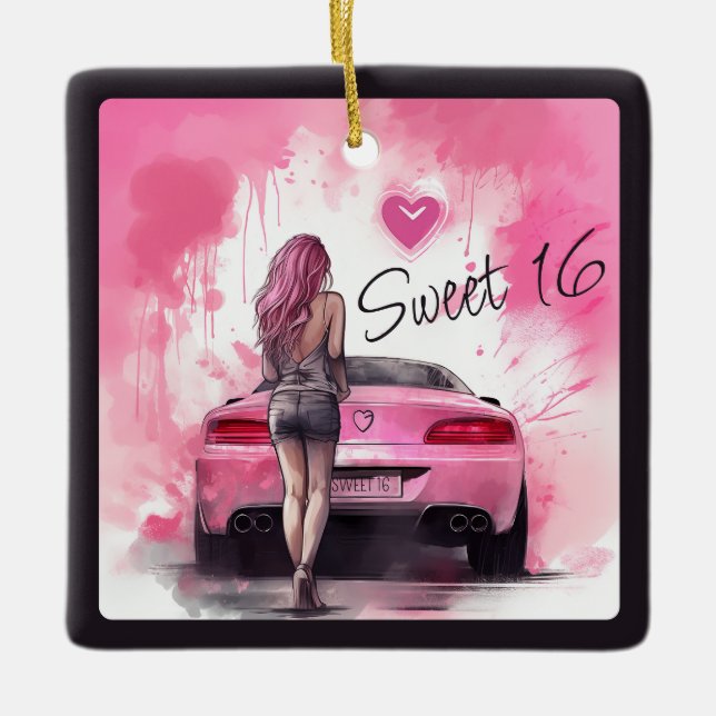 Personalised Sweet 16 Pink Car and Girl Christmas Ceramic Ornament (Front)