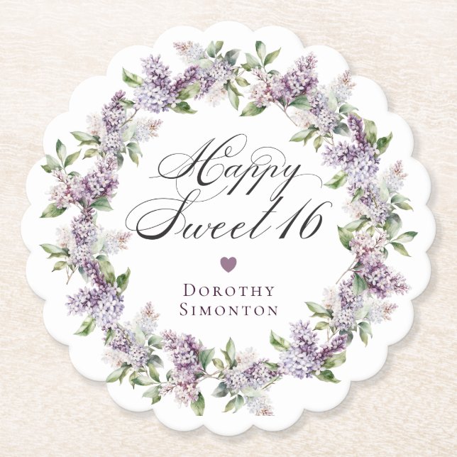 Personalised Sweet 16 Purple Lilac Flower Paper Coaster (Front)
