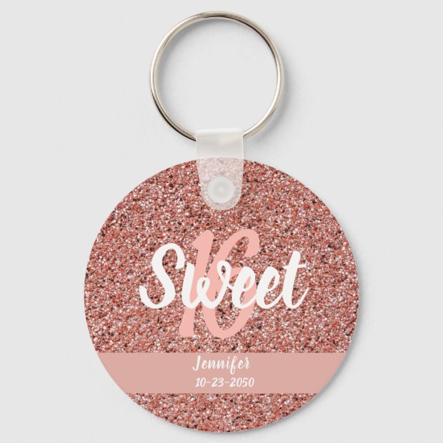 Personalised Sweet 16 Rose Gold Pink Glitter Key Ring (Front)