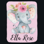 Personalised Sweet Baby Elephant Girl Floral Baby Blanket<br><div class="desc">Snuggle up with cuteness and softness with this precious baby girl elephant wearing a floral crown. Features a soft pink background on the front and a light grey colour on the back. Elephant and flowers are watercolor and such a sweet nursery addition. Can be personalised to any name. A super...</div>