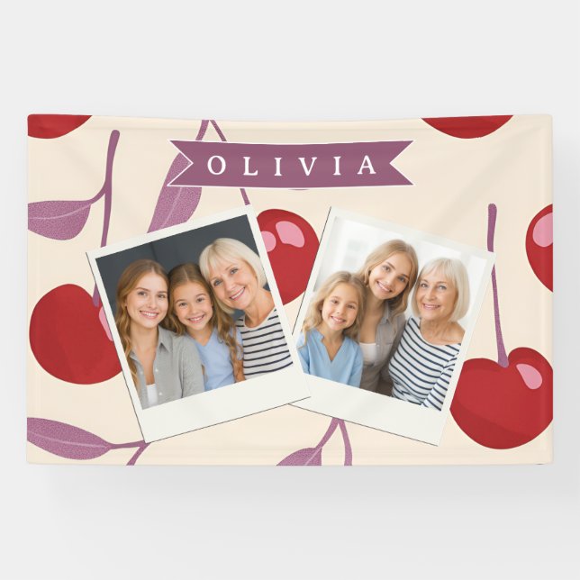 Personalised Sweet Cherry Pattern Cute Girly Retro Banner (Horizontal)