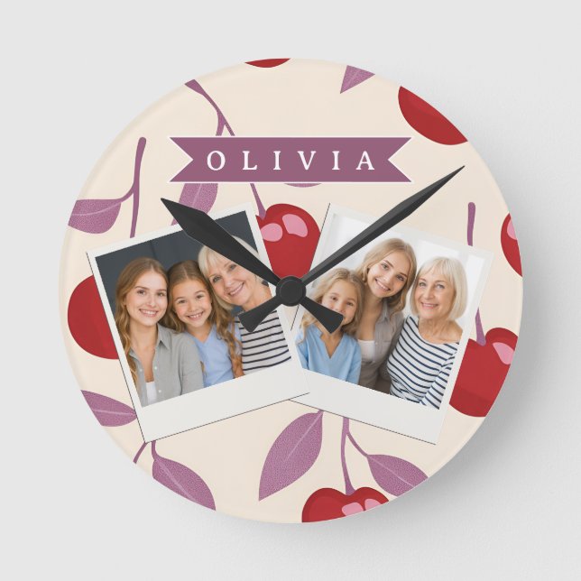Personalised Sweet Cherry Pattern Cute Girly Retro Round Clock (Front)