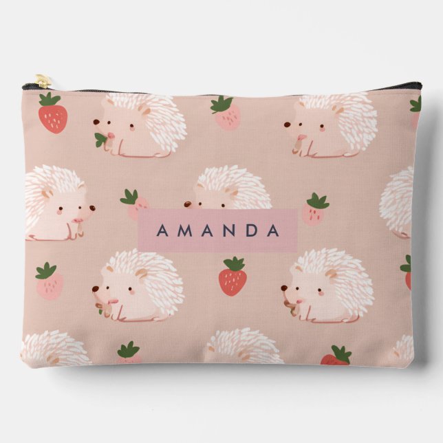 Personalised Sweet Hedgehog & Strawberry Pattern Accessory Pouch (Front)
