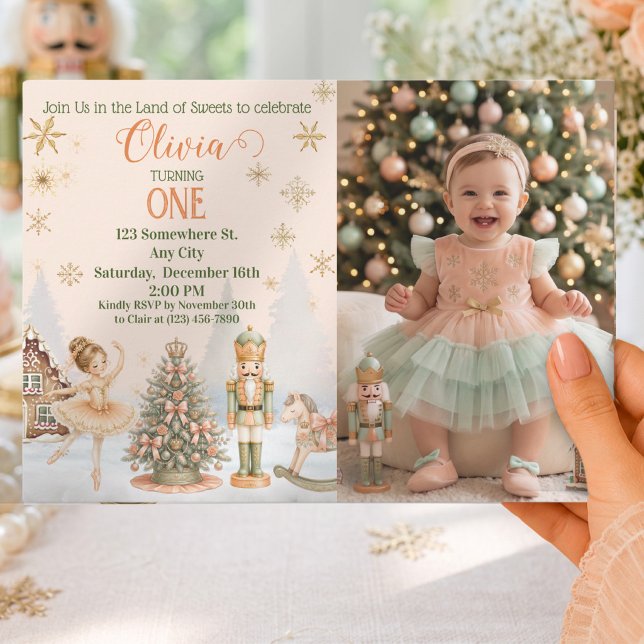Personalised Sweet One Nutcracker Photo Birthday Invitation (Nutcracker Ballerina Photo Snow Globe Sweet One Invitation)