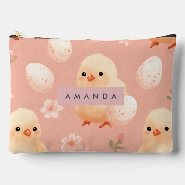 Personalised Sweet Pastel Baby Chick Pattern Accessory Pouch (Front)