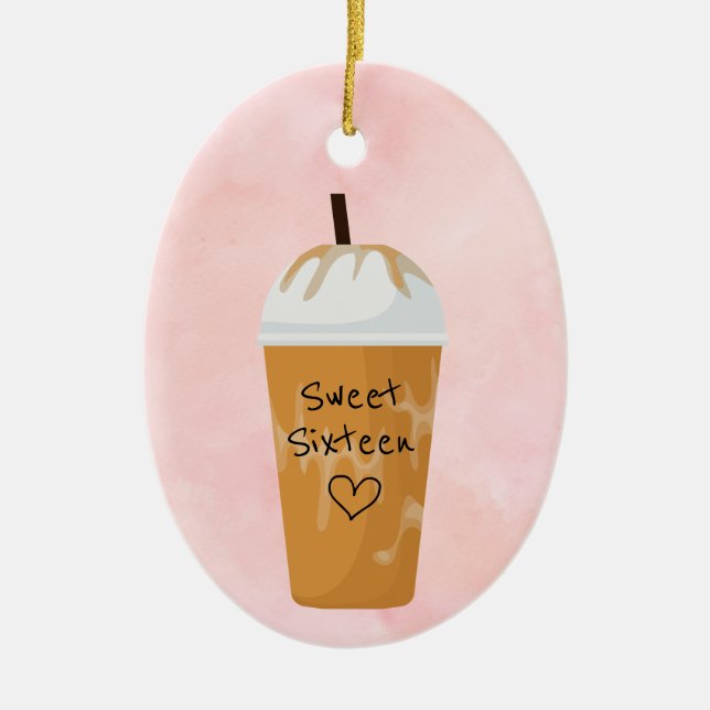 Personalised Sweet Sixteen Iced Coffee Christmas Ceramic Tree Decoration (Front)