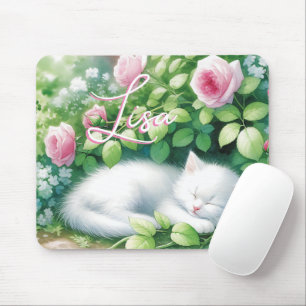 Personalised Sweet White Kitten Napping Mouse Pad