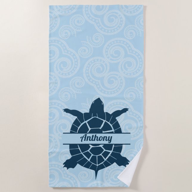 Personalised Swimming Blue Sea Turtle  Beach Towel (Front)
