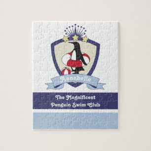 Personalised Swimming Club Crest Cute Penguin Kids Jigsaw Puzzle