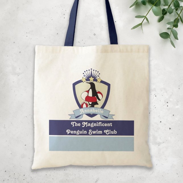 Personalised Swimming Club Crest Cute Penguin Kids Tote Bag (Creator Uploaded)