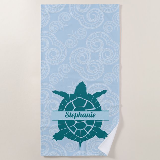 Personalised Swimming Teal Sea Turtle  Beach Towel (Front)