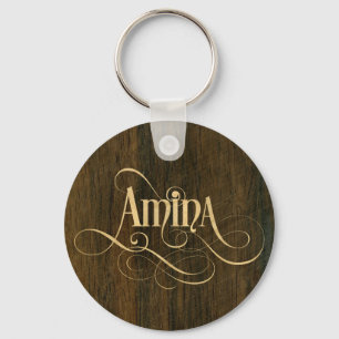 Personalised Swirly Script Amina Wood Veneer Key Ring