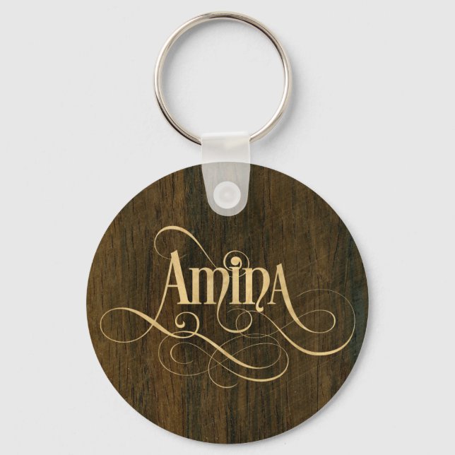 Personalised Swirly Script Amina Wood Veneer Key Ring (Front)
