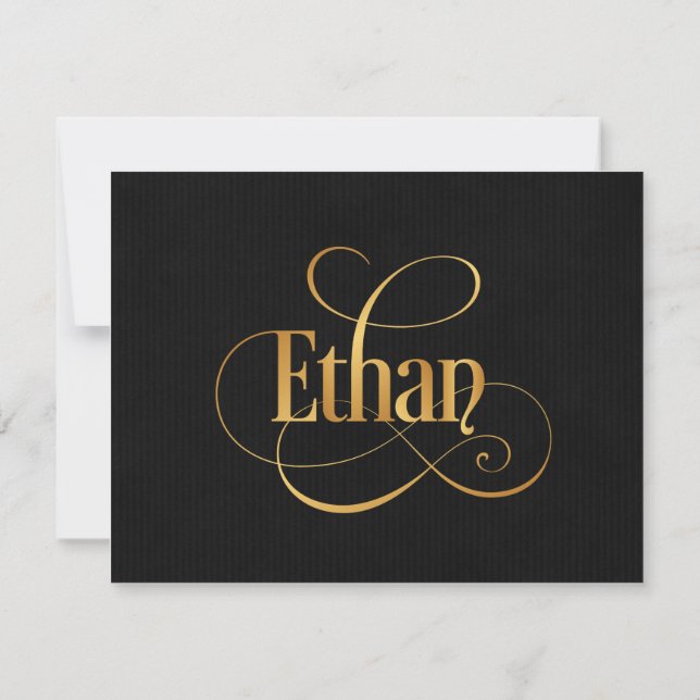 Personalised Swirly Script Ethan Gold on Black Invitation (Back)