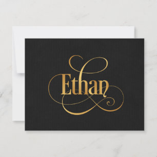 Personalised Swirly Script Ethan Gold on Black Invitation