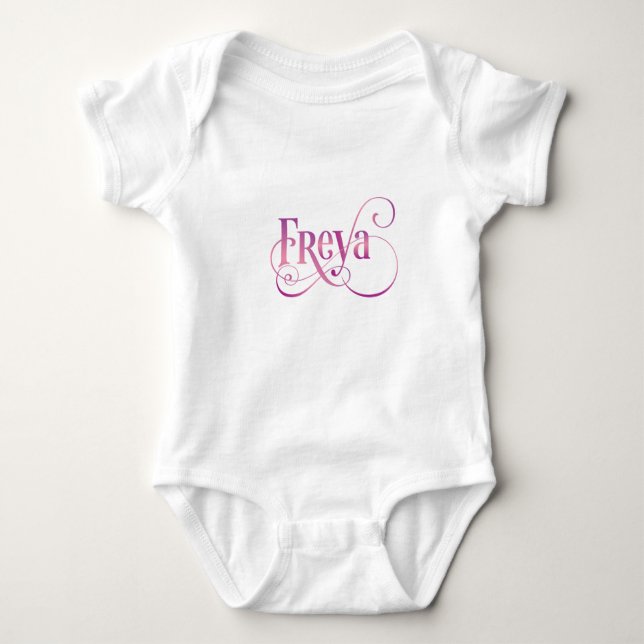 Personalised Swirly Script Freya Pink on Black Baby Bodysuit (Front)