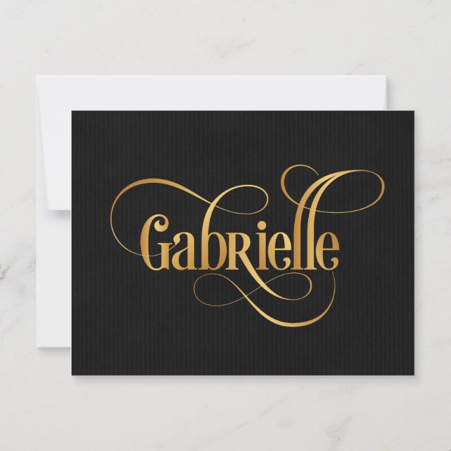 Personalised Swirly Script Gabrielle Gold on Black Invitation (Back)