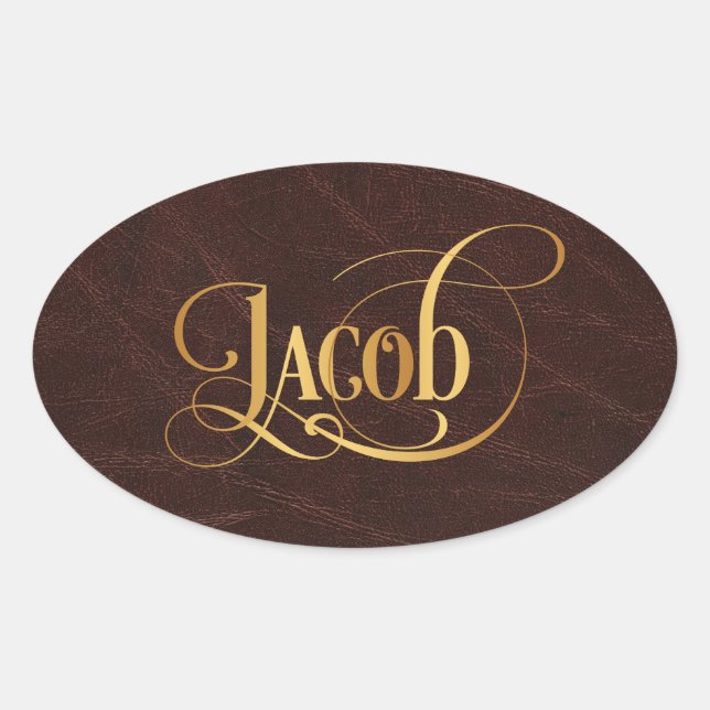 Personalised Swirly Script Jacob Gold on Leather Oval Sticker (Front)