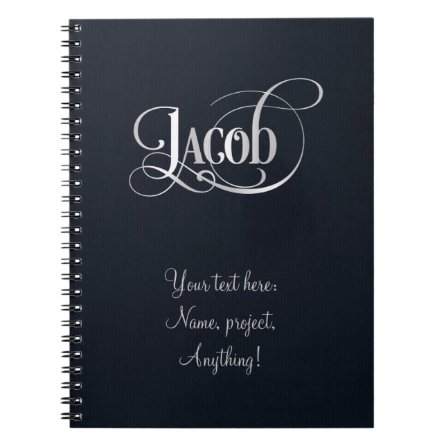 Personalised Swirly Script Jacob Silver on Indigo Notebook (Front)