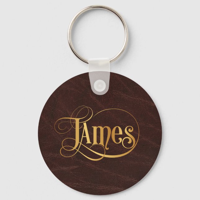 Personalised Swirly Script James Gold on Leather Key Ring (Front)