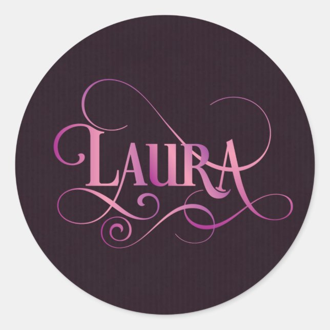 Personalised Swirly Script Laura Pink on Purple Classic Round Sticker (Front)