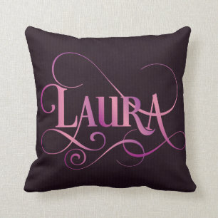 Personalised Swirly Script Laura Pink on Purple Cushion