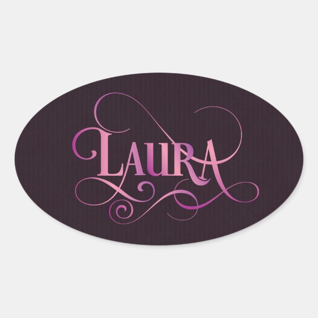 Personalised Swirly Script Laura Pink on Purple Oval Sticker (Front)