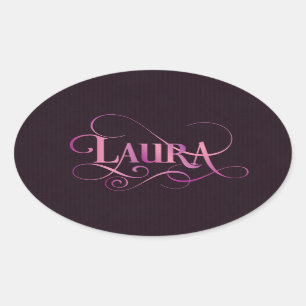 Personalised Swirly Script Laura Pink on Purple Oval Sticker