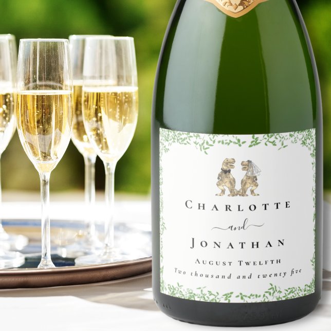 Personalised T-Rex Bride & Groom Dinosaur Wedding Sparkling Wine Label (Dinosaur themed wedding T-Rex bride and groom watercolor foliage custom sparkling wine labels)