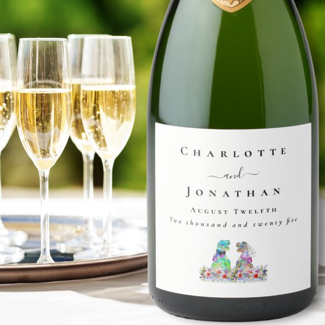 Personalised T-Rex Bride & Groom Dinosaur Wedding Sparkling Wine Label (Dinosaur themed wedding T-Rex bride and groom colorful floral  custom sparkling wine labels)