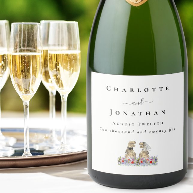 Personalised T-Rex Bride & Groom Dinosaur Wedding Sparkling Wine Label (Dinosaur themed wedding T-Rex bride and groom colorful floral  custom sparkling wine labels)