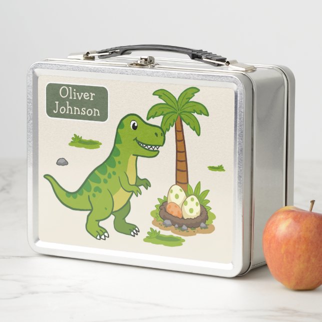 Personalised T-Rex Cute Dinosaur School Metal Lunch Box (In Situ)